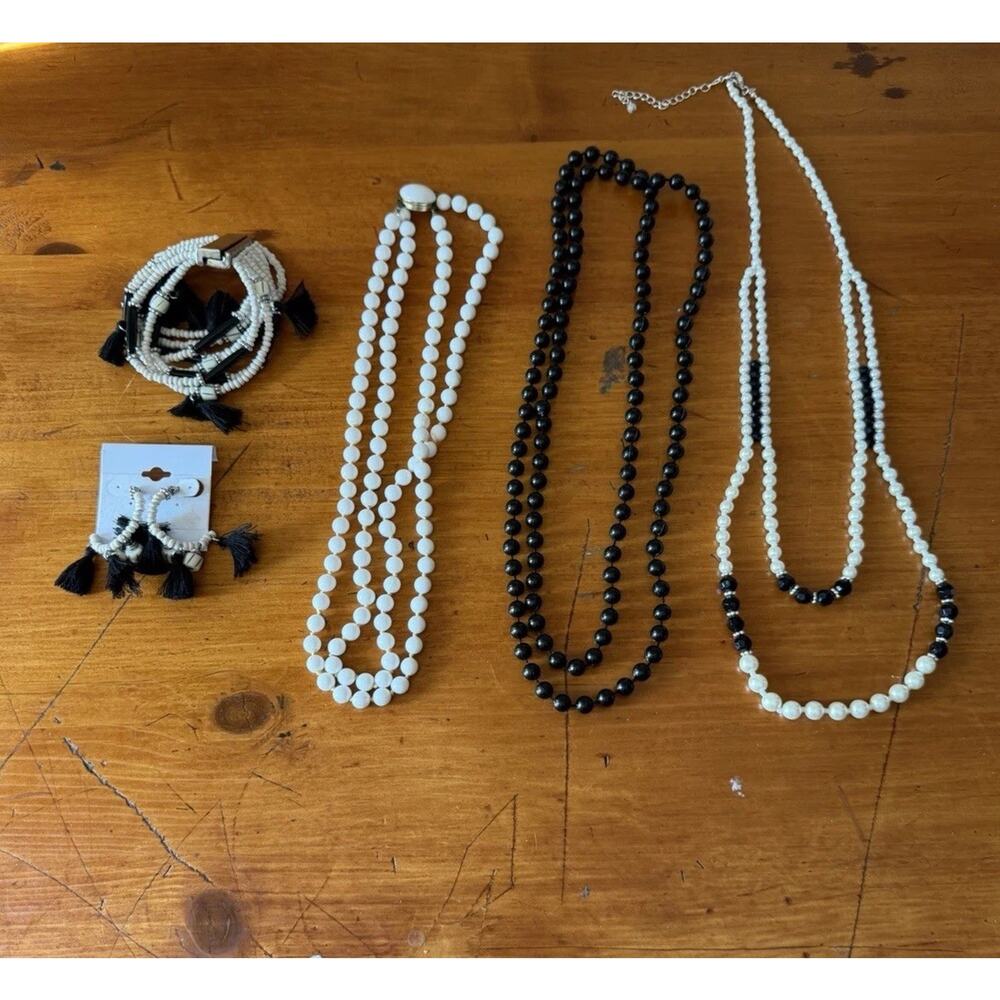 Boho Jewelry Set Neutral Beaded Necklace Bracelet Tassel Bundle Black White - Picture 1 of 16